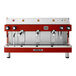 A red and silver Astra Mega III espresso machine with three spouts.