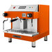 An Astra Mega orange espresso machine with a stainless steel handle.