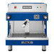 An Astra Mega blue and silver espresso machine.