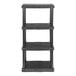 A black plastic Tough Shelf system with four shelves.
