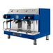 An Astra blue and silver semi-automatic espresso machine with two coffee machines on top.