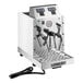An automatic two-wand milk and beverage steamer in gloss white with digital controls and a front pressure gauge.