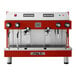 An Astra Mega II red and silver automatic espresso machine.