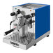An Astra Gourmet blue and black espresso machine.