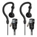 A pair of black Midland earphones with a microphone attached.