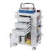 A white Omnimed medical cart with drawers and a blue container.