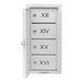 A white metal Omnimed wall-mount narcotics cabinet with 4 compartments and black numbers.