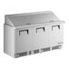 A True stainless steel mega top sandwich prep table with three doors.