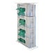 A white Omnimed steel wire wall mount rack with green boxes of gloves on it.