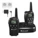 A pair of black Midland LXT500VP3 walkie talkies with charger and batteries.