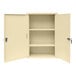 A beige steel wall-mount cabinet with open doors.