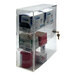 A clear plastic cabinet with various medical supplies on two shelves with a key lock.