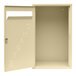 A beige steel wall-mount medical records drop box with a key lock.