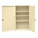 A beige wall-mount cabinet with open doors and shelves.