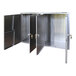 A stainless steel Omnimed twin narcotics cabinet with open doors and key locks.