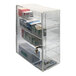An Omnimed transparent acrylic utility cabinet with 4 shelves and a key lock containing medicine boxes.