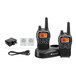 A black Midland X-TALKER walkie talkie with white text on the front and a charger.