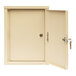 A beige steel wall-mount cabinet with a white door and key lock.