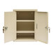 A beige steel Omnimed narcotics cabinet with two open doors and two keys.