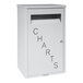 A light gray steel wall-mount medical records drop box with the word "charts" in black text.
