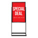 A black rectangular tube pedestal sign with a red and white sign reading "special deal" on white background.