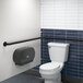 A white bathroom with a white toilet and a black handrail.