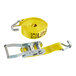 A yellow Lift-All polyester tie-down strap with ratchet and U-hook.