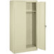 A beige Tennsco standard wardrobe cabinet with open solid doors.