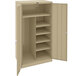A tan metal Tennsco combination cabinet with shelves.
