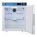 A Summit compact medical refrigerator with a white interior and blue door open.