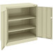 A beige metal Tennsco storage cabinet with open solid doors.