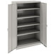 A light gray metal Tennsco storage cabinet with open solid doors.