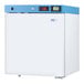 A Summit Appliance white and blue compact reach-in medical refrigerator with a digital display.