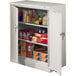 A light gray Tennsco storage cabinet with shelves full of boxes and cans.