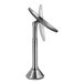A silver metal stand with two round discs.