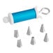 A blue pastry bag with six metal tips.