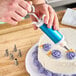 A person using an Ateco decorating syringe set to decorate a cake.