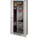 A light grey metal Tennsco storage cabinet with a door open.