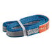 A blue and white Lift-All Tuff-Edge flat eye & eye polyester web sling with a silver tag.