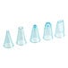 A row of clear plastic cone-shaped pastry bags with blue caps and five plastic piping tips inside.