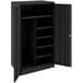 A black metal Tennsco storage cabinet with solid doors open.