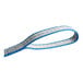A blue and white Lift-All Tuff-Edge II polyester web strap with silver stripes and flat eyes.