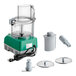 An AvaMix Cadet food processor with a clear bowl, green chute lid, and white accessories.