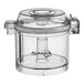 A clear plastic batch bowl with a flat lid for an Avamix food processor.