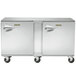 A Traulsen stainless steel undercounter refrigerator with right hinged doors on wheels.