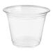 A close-up of a Choice clear plastic cup with a clear rim.