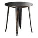 A Lancaster Table & Seating round black metal table with legs.