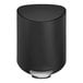 A matte black simplehuman semi-round step-on trash can with a silver lid.