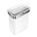 A white simplehuman rectangular sensor trash can with a clear plastic lid.