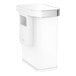 A white rectangular simplehuman trash can with a silver lid.